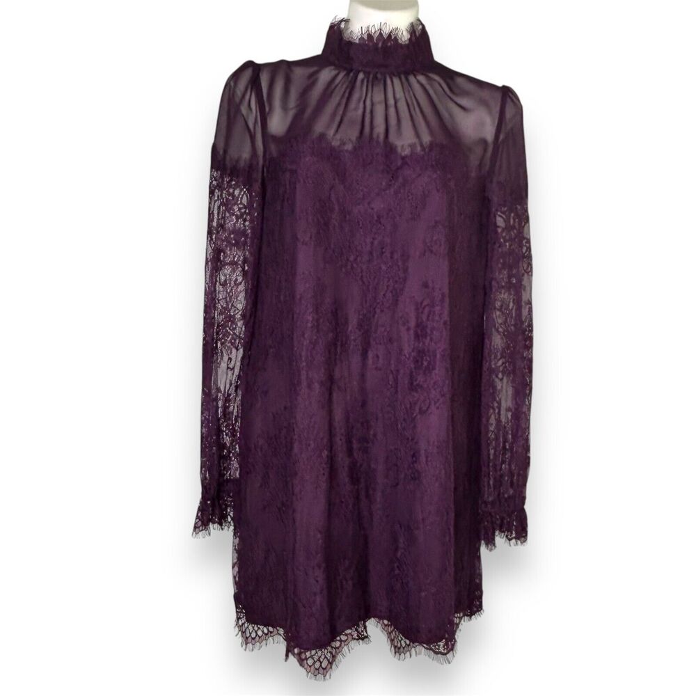 Revolve LIKELY NYC Purple Lace Mini Dress Long Sleeve Size 10 Sheer Plum ($278)